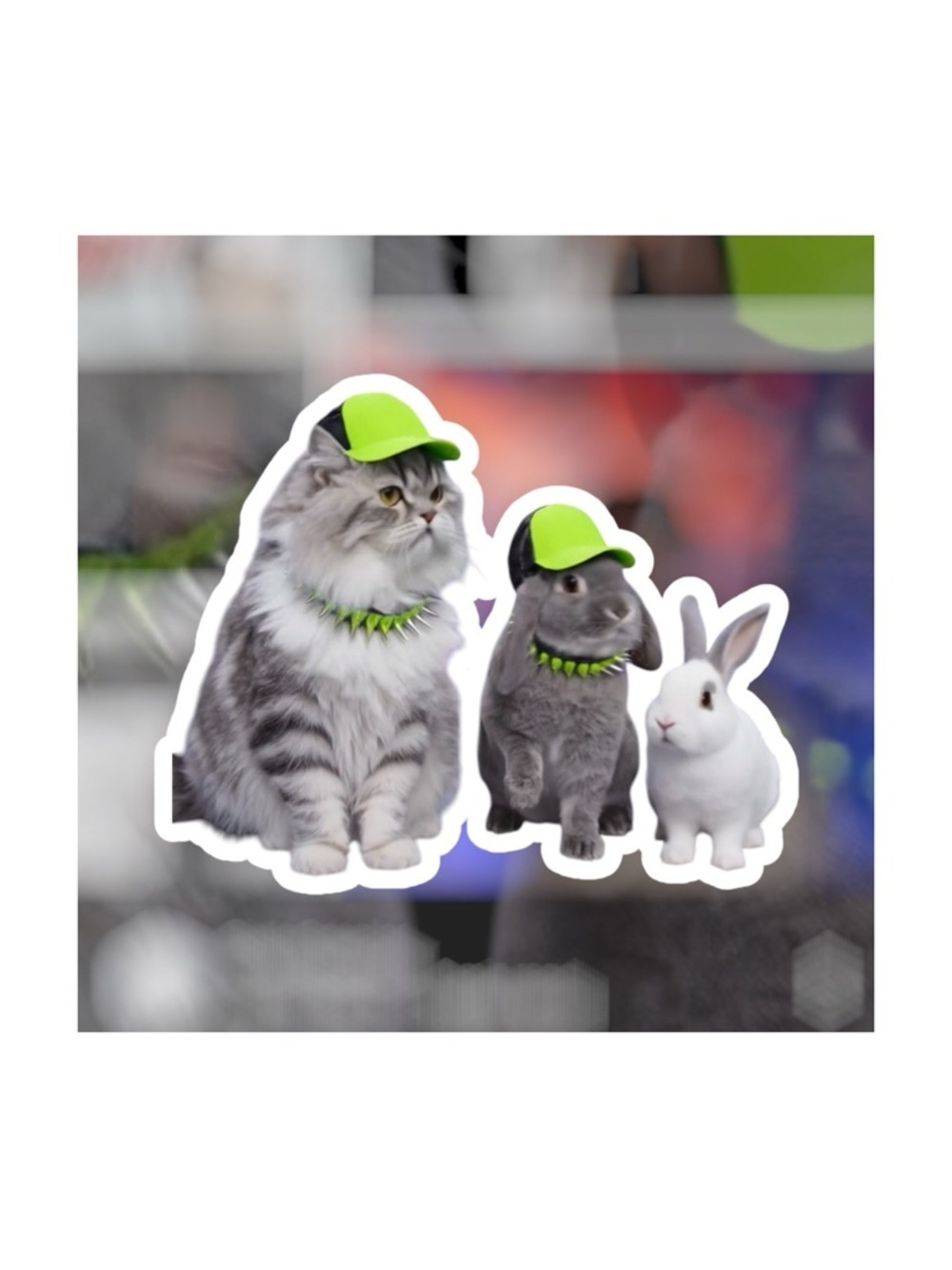 Neon Green Pet Trio digital Art Print — Whimsical Animal Sticker-Style Wall Art